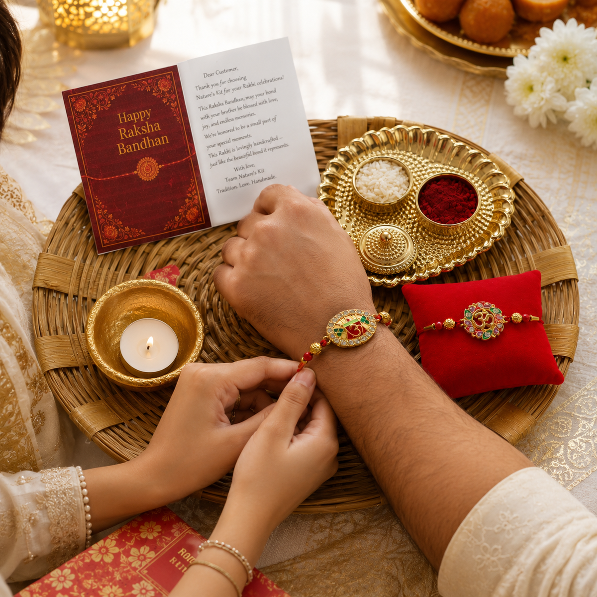 Premium Rakhi Hamper with 2 Designer Rakhis, Decorative Pooja Thali, Kumkum, Rice & Diya | Raksha Bandhan Gift for Brother | Hopedra Living