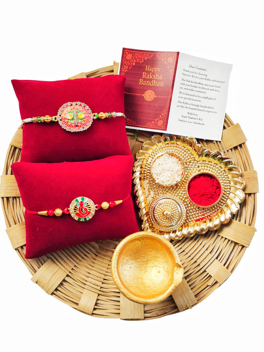 Premium Rakhi Gift Hamper with 2 Designer Rakhis, Pooja Thali & Diya | Raksha Bandhan Gift for Brother | Hopedra Living