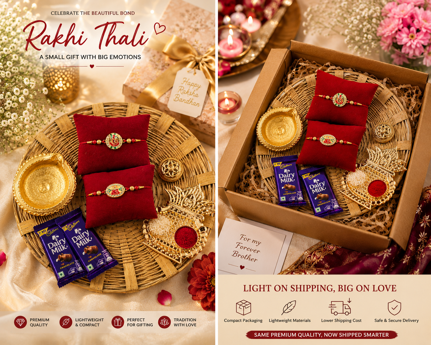Hopedra Living Premium Rakhi Hamper for Brother | Set of 2 Designer Rakhis with Bamboo Thali, Diya, Roli Chawal & Dairy Milk Chocolates | Raksha Bandhan Gift Hamper