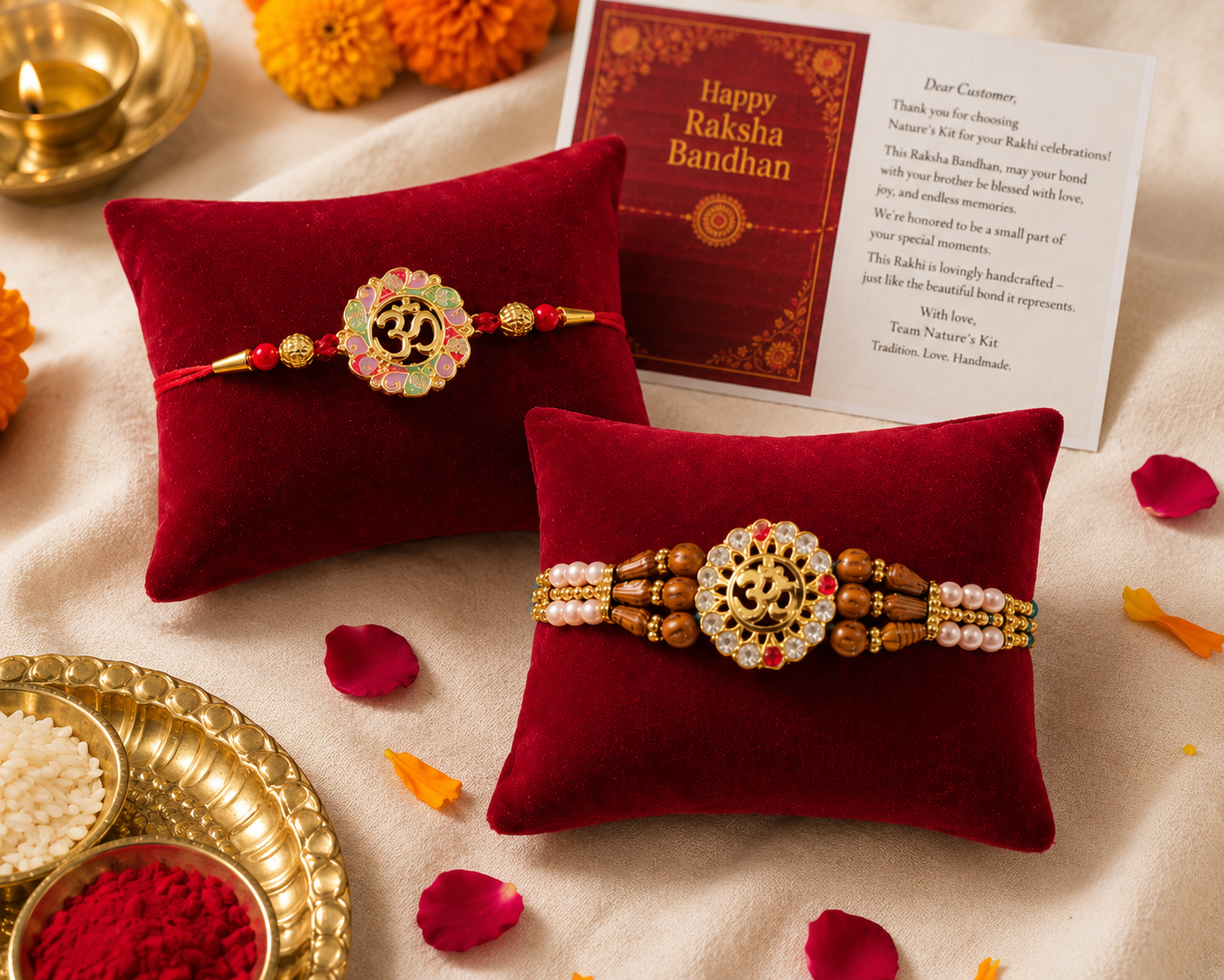 Hopedra Living Premium Rakhi Hamper with 2 Designer Rakhis, Bamboo Pooja Thali, Roli Chawal, Diya & Greeting Card | Raksha Bandhan Gift for Brother
