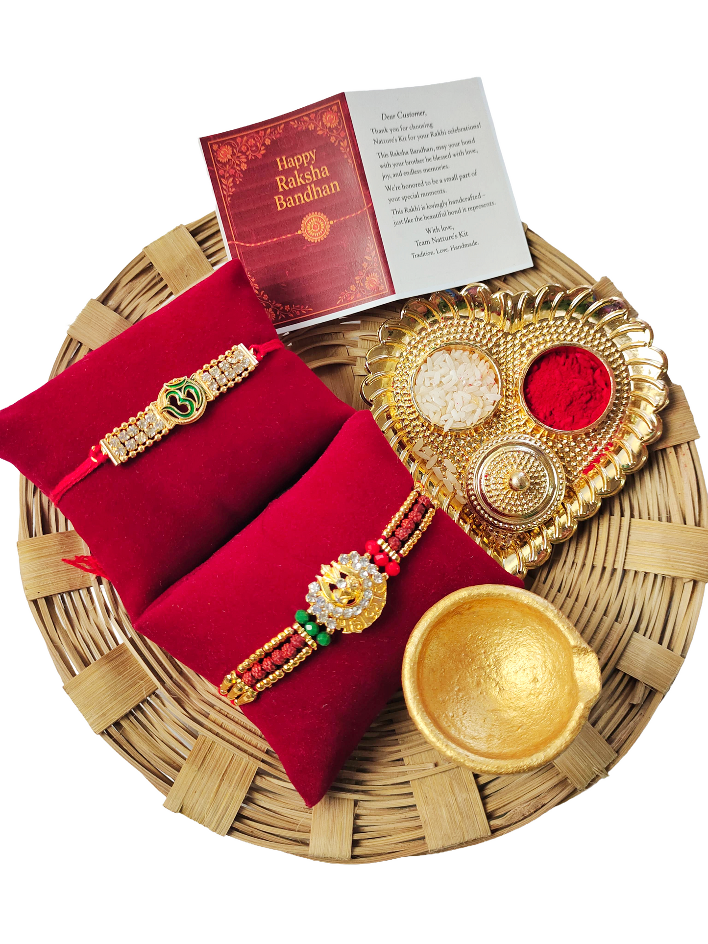 Premium Rakhi Thali Hamper with 2 Designer Rakhis, Roli Chawal, Diya & Greeting Card | Traditional Raksha Bandhan Gift for Brother | Hopedra Living