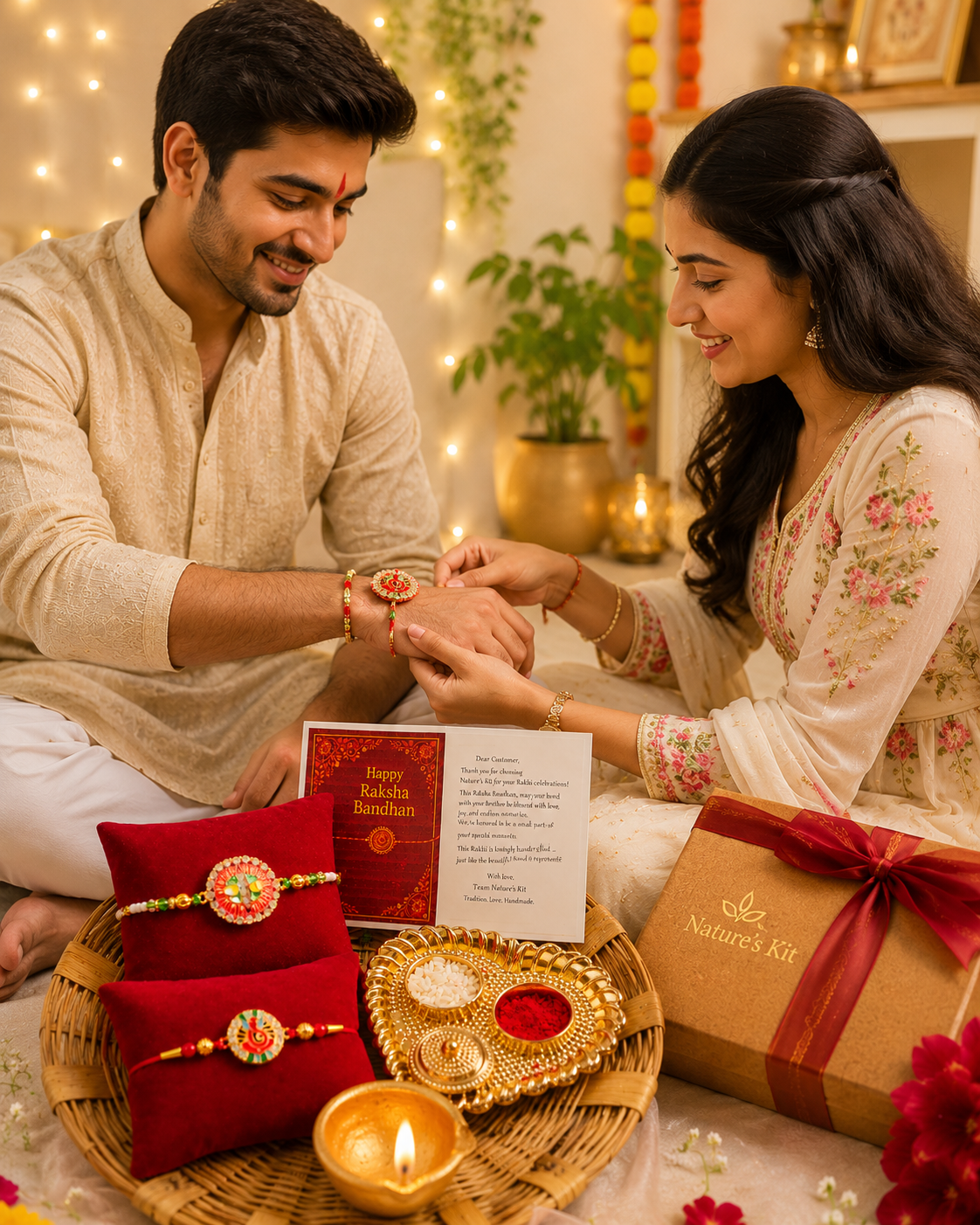 Premium Rakhi Gift Hamper with 2 Designer Rakhis, Pooja Thali & Diya | Raksha Bandhan Gift for Brother | Hopedra Living
