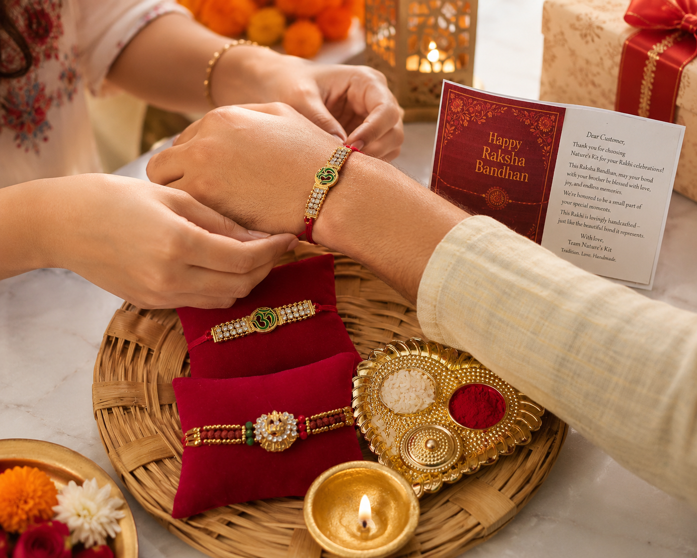 Premium Rakhi Thali Hamper with 2 Designer Rakhis, Roli Chawal, Diya & Greeting Card | Traditional Raksha Bandhan Gift for Brother | Hopedra Living