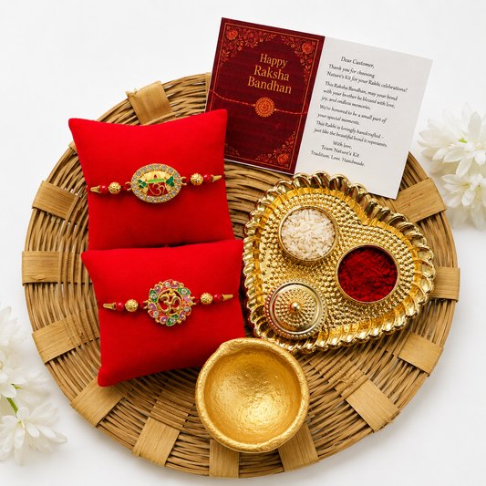 Premium Rakhi Hamper with 2 Designer Rakhis, Decorative Pooja Thali, Kumkum, Rice & Diya | Raksha Bandhan Gift for Brother | Hopedra Living