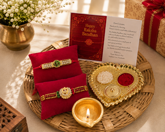 Premium Rakhi Thali Hamper with 2 Designer Rakhis, Roli Chawal, Diya & Greeting Card | Traditional Raksha Bandhan Gift for Brother | Hopedra Living
