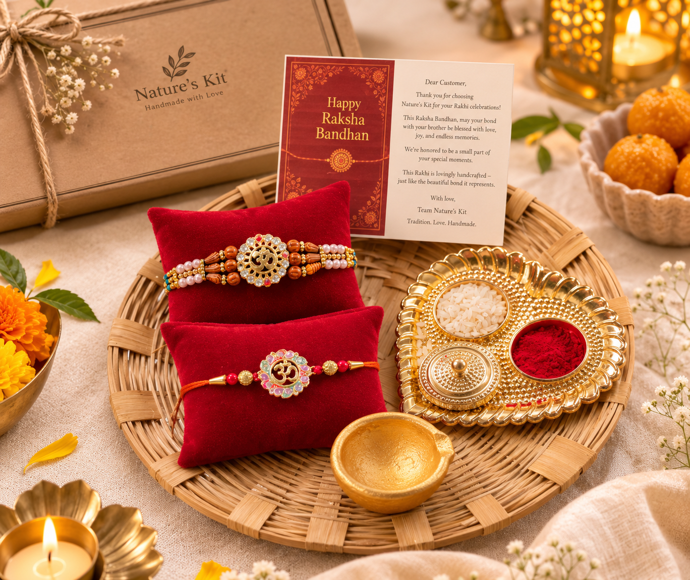 Hopedra Living Premium Rakhi Hamper with 2 Designer Rakhis, Bamboo Pooja Thali, Roli Chawal, Diya & Greeting Card | Raksha Bandhan Gift for Brother