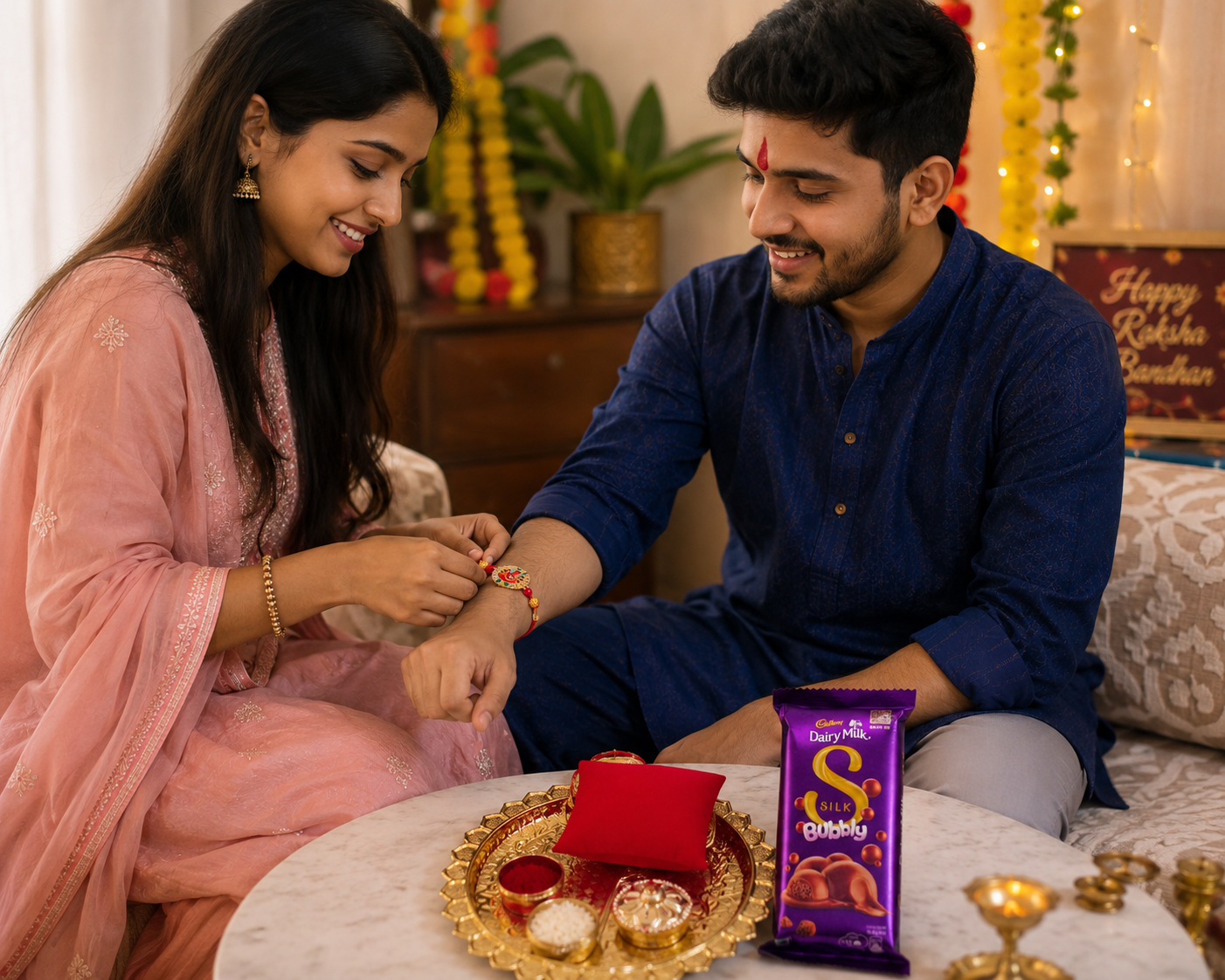 Designer  Ganesh Rakhi Gift Hamper with Chocolate & Puja Thali | Hopedra Living