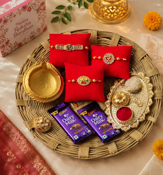 Hopedra Living Premium Raksha Bandhan Rakhi Hamper | 3 Designer Om Rakhis with Puja Thali, Diya, Roli Chawal & Dairy Milk Chocolates | Festive Gift Basket for Brother