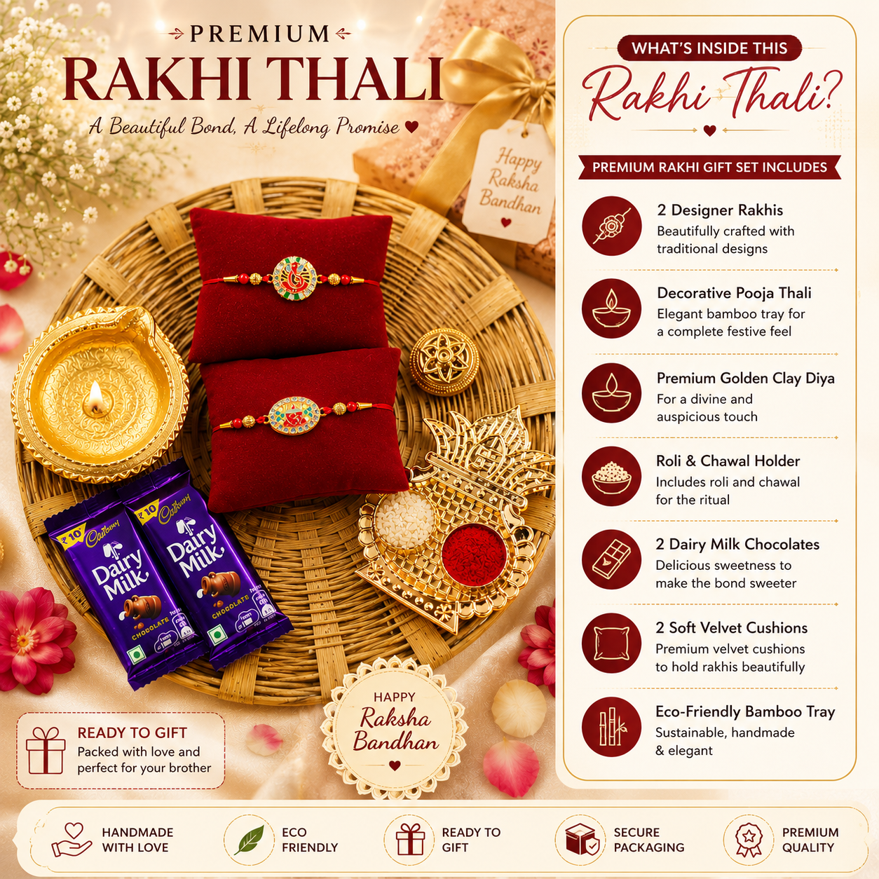 Hopedra Living Premium Rakhi Hamper for Brother | Set of 2 Designer Rakhis with Bamboo Thali, Diya, Roli Chawal & Dairy Milk Chocolates | Raksha Bandhan Gift Hamper