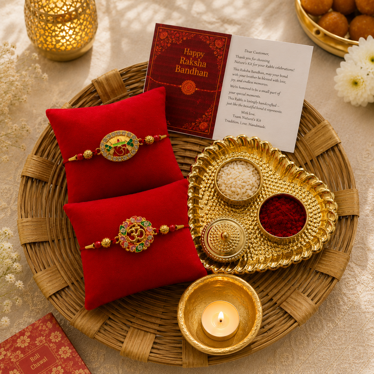 Premium Rakhi Hamper with 2 Designer Rakhis, Decorative Pooja Thali, Kumkum, Rice & Diya | Raksha Bandhan Gift for Brother | Hopedra Living