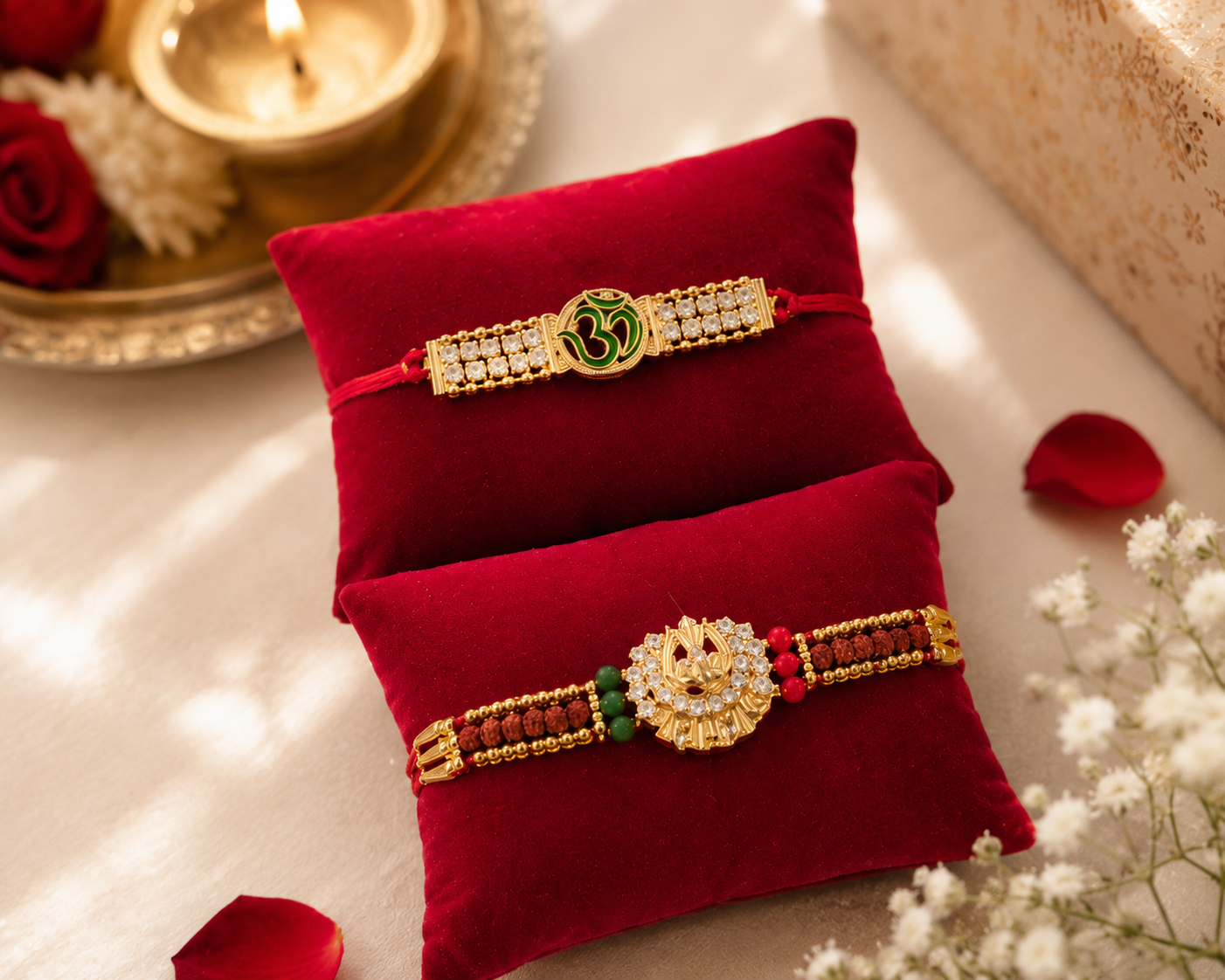 Premium Rakhi Thali Hamper with 2 Designer Rakhis, Roli Chawal, Diya & Greeting Card | Traditional Raksha Bandhan Gift for Brother | Hopedra Living