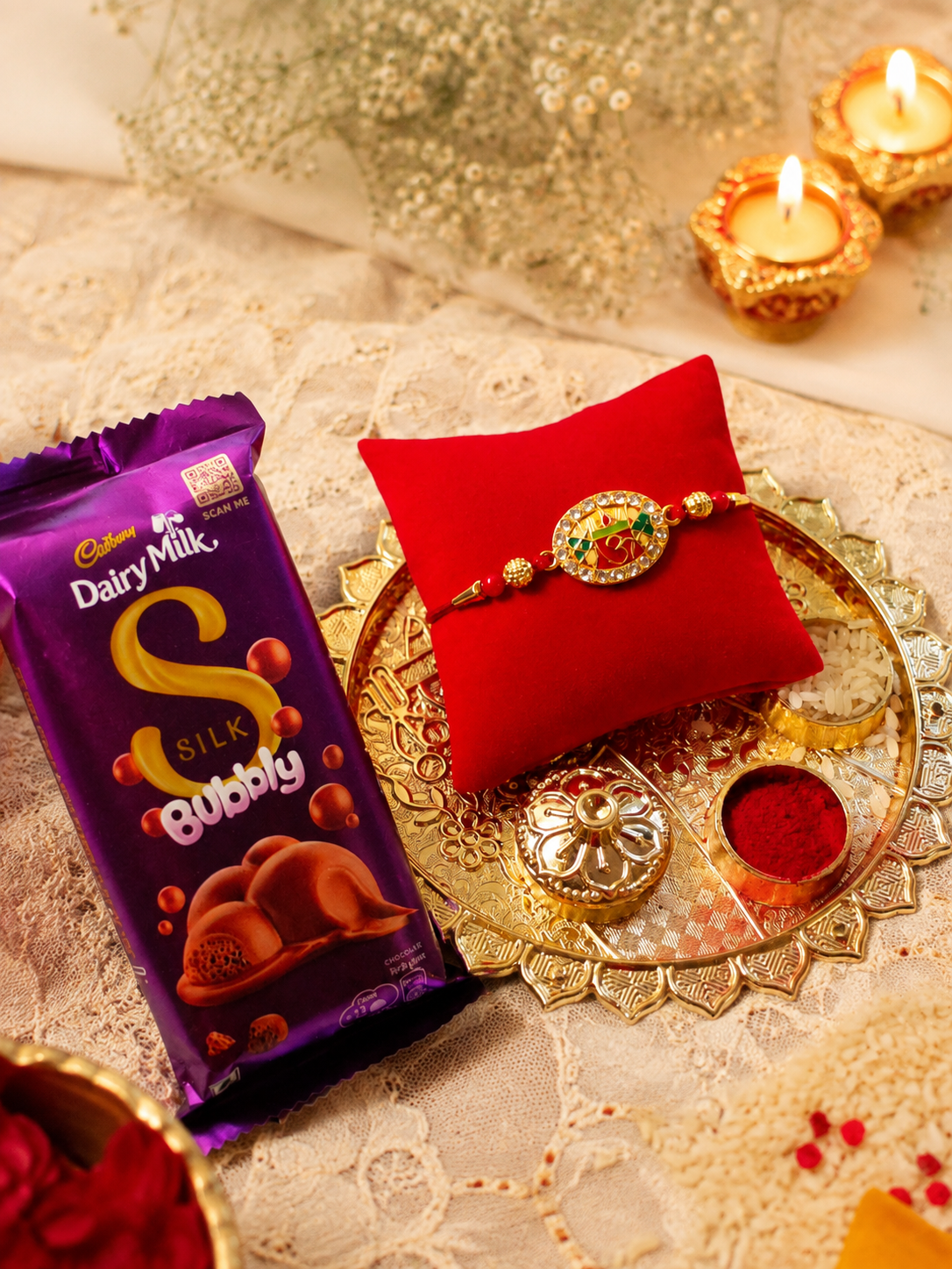 Hopedra Living Premium Mini Rakhi Hamper with Designer Rakhi, Puja Thali & Silk Chocolate