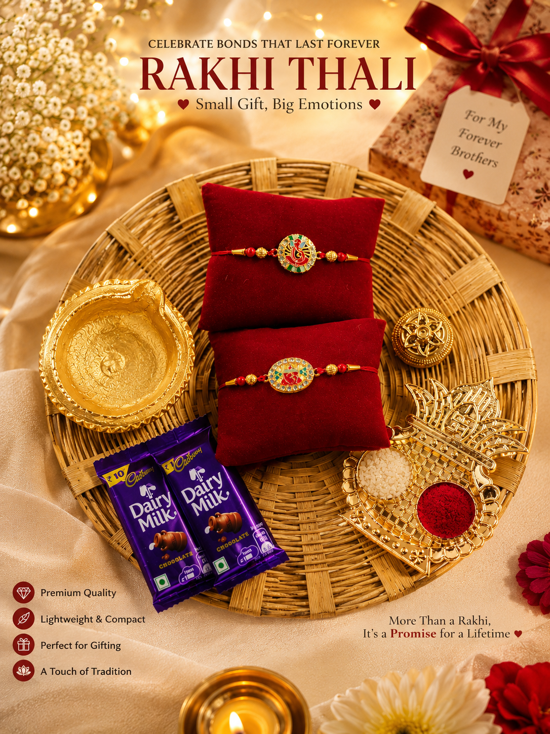 Hopedra Living Premium Rakhi Hamper for Brother | Set of 2 Designer Rakhis with Bamboo Thali, Diya, Roli Chawal & Dairy Milk Chocolates | Raksha Bandhan Gift Hamper