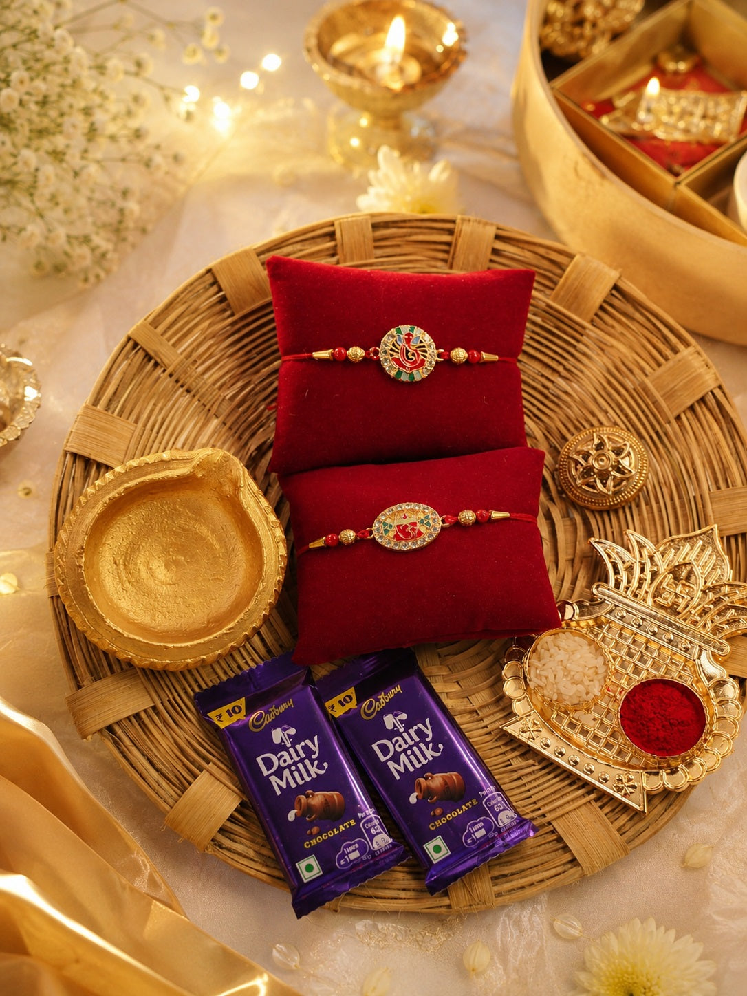 Hopedra Living Premium Rakhi Hamper for Brother | Set of 2 Designer Rakhis with Bamboo Thali, Diya, Roli Chawal & Dairy Milk Chocolates | Raksha Bandhan Gift Hamper