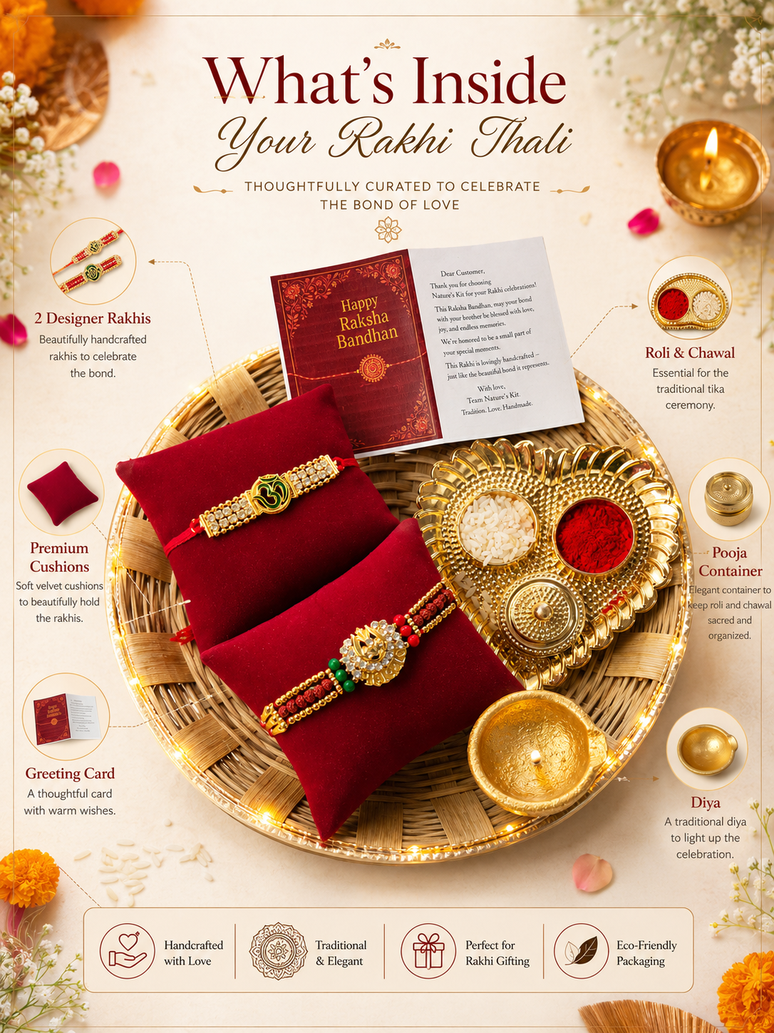 Premium Rakhi Thali Hamper with 2 Designer Rakhis, Roli Chawal, Diya & Greeting Card | Traditional Raksha Bandhan Gift for Brother | Hopedra Living