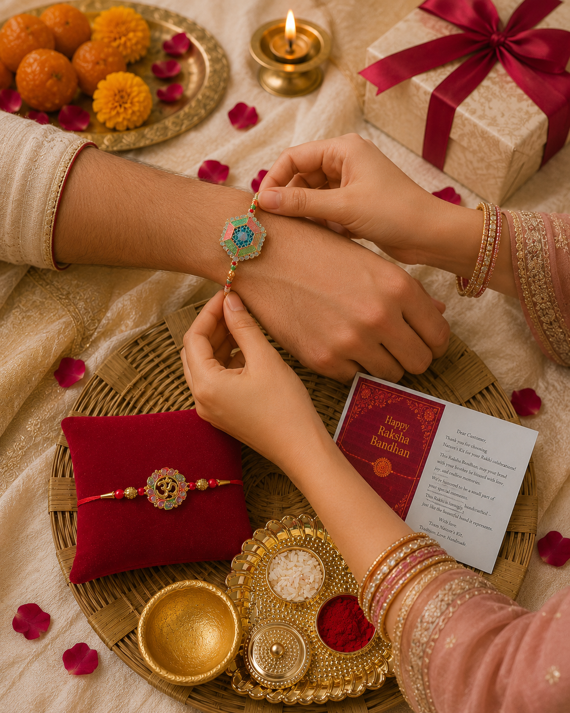 Designer Rakhi Thali Hamper with 2 Premium Rakhis, Pooja Thali, Roli Chawal & Diya | Raksha Bandhan Gift Set for Brother | Hopedra Living
