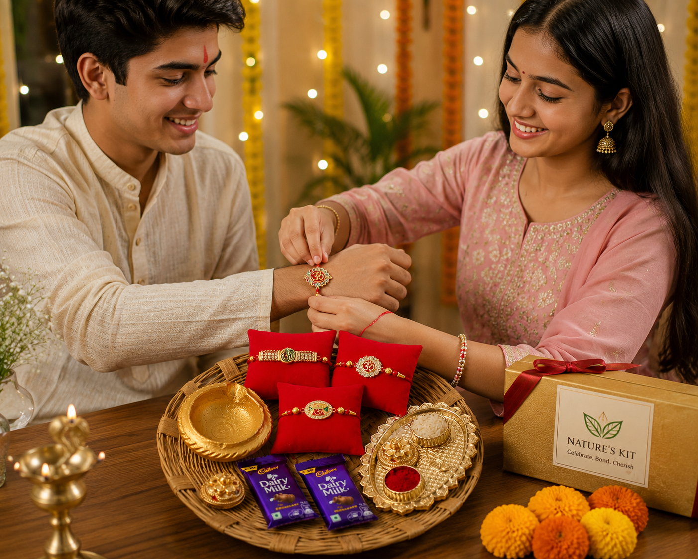 Hopedra Living Premium Raksha Bandhan Rakhi Hamper | 3 Designer Om Rakhis with Puja Thali, Diya, Roli Chawal & Dairy Milk Chocolates | Festive Gift Basket for Brother