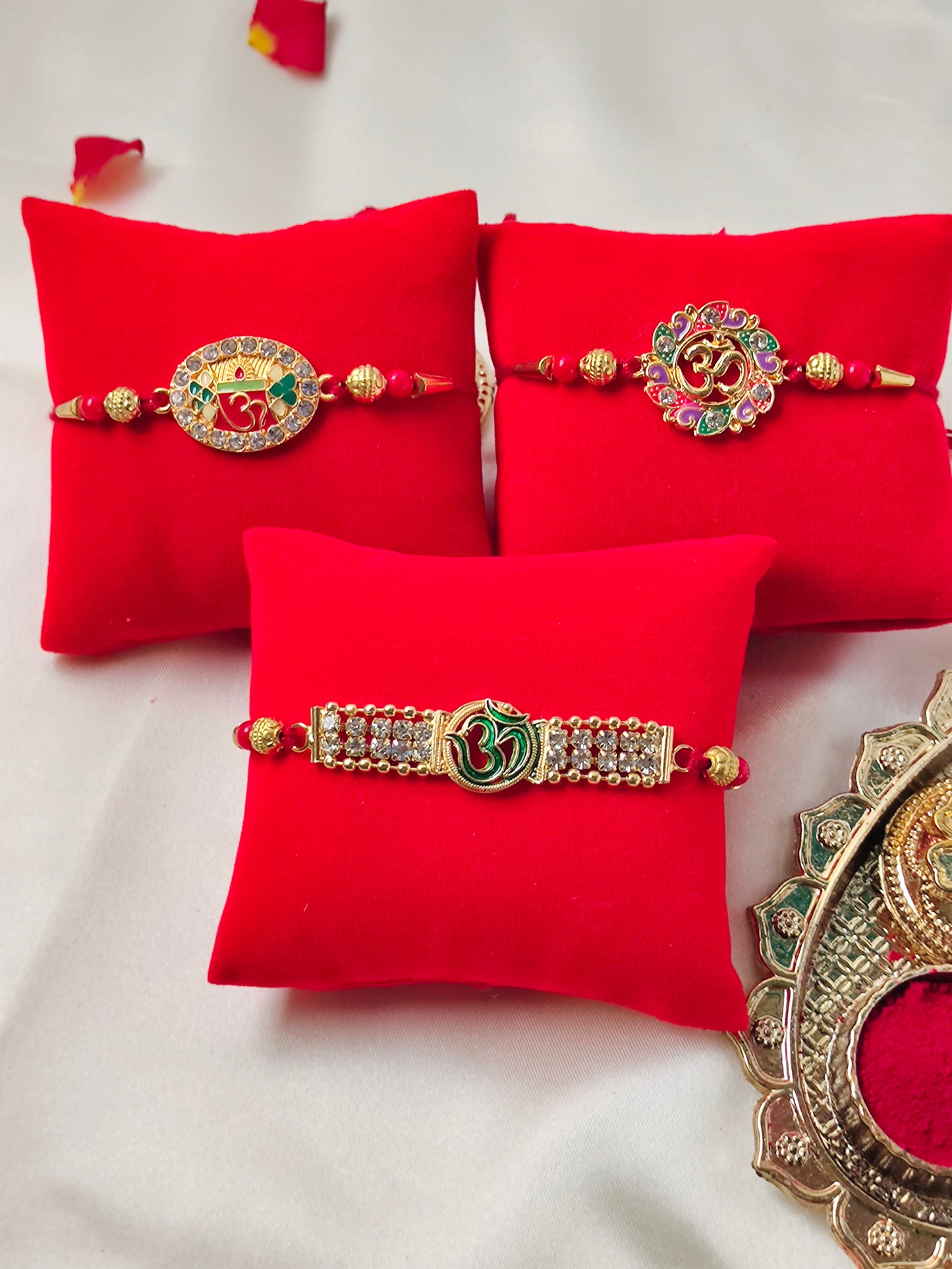 Hopedra Living Premium Raksha Bandhan Rakhi Hamper | 3 Designer Om Rakhis with Puja Thali, Diya, Roli Chawal & Dairy Milk Chocolates | Festive Gift Basket for Brother
