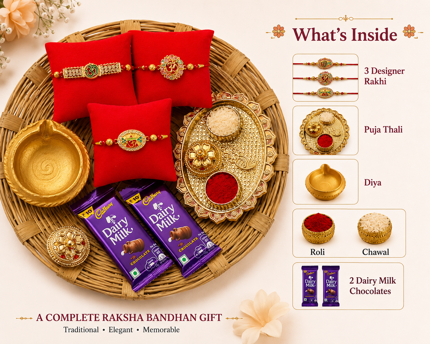 Hopedra Living Premium Raksha Bandhan Rakhi Hamper | 3 Designer Om Rakhis with Puja Thali, Diya, Roli Chawal & Dairy Milk Chocolates | Festive Gift Basket for Brother