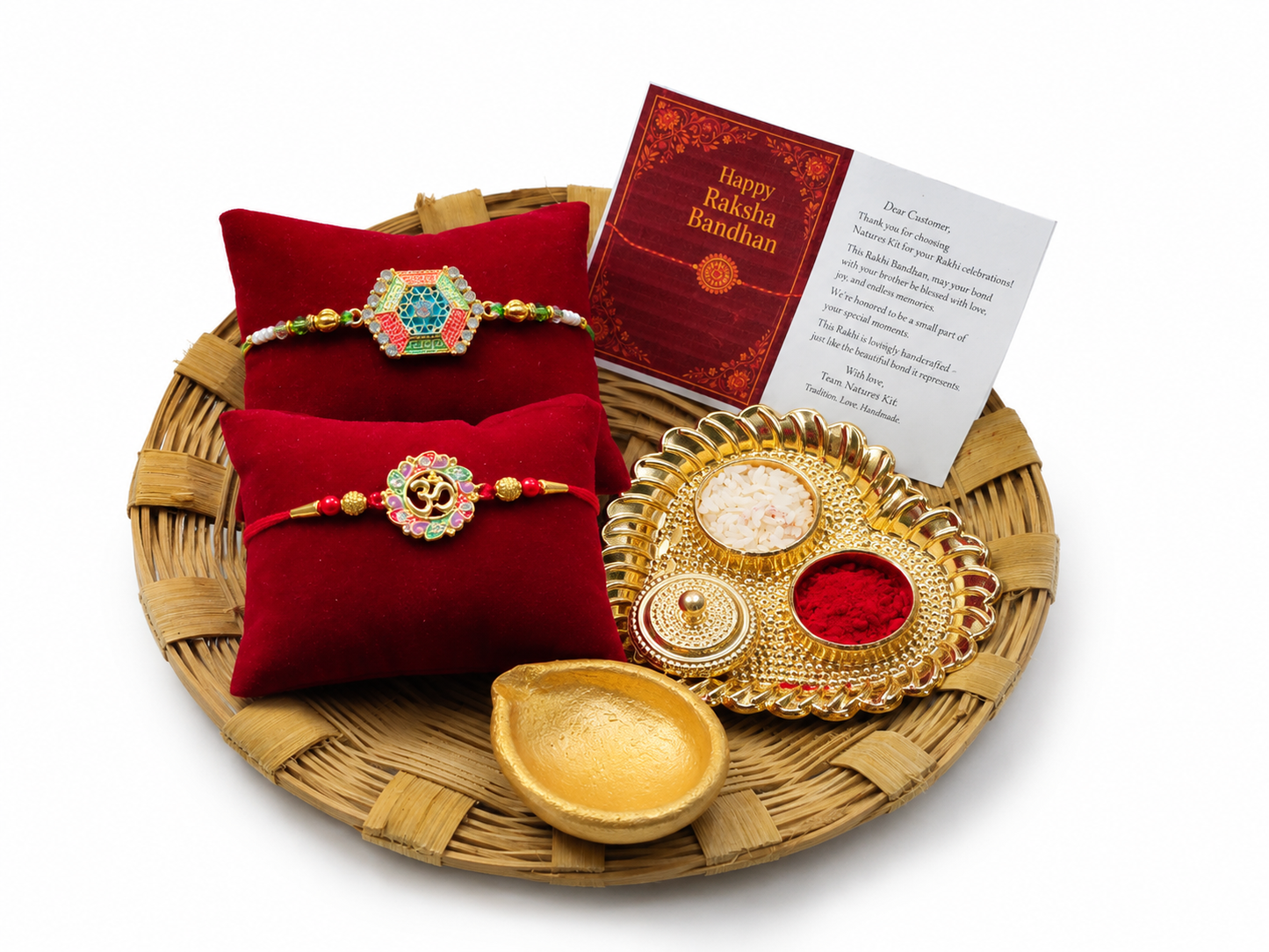 Designer Rakhi Thali Hamper with 2 Premium Rakhis, Pooja Thali, Roli Chawal & Diya | Raksha Bandhan Gift Set for Brother | Hopedra Living