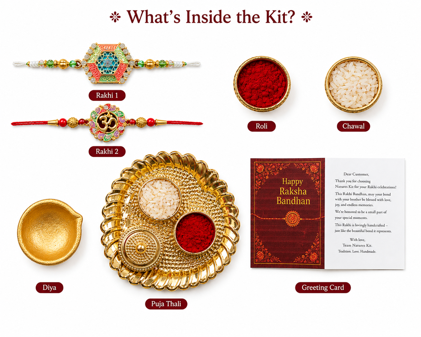 Designer Rakhi Thali Hamper with 2 Premium Rakhis, Pooja Thali, Roli Chawal & Diya | Raksha Bandhan Gift Set for Brother | Hopedra Living