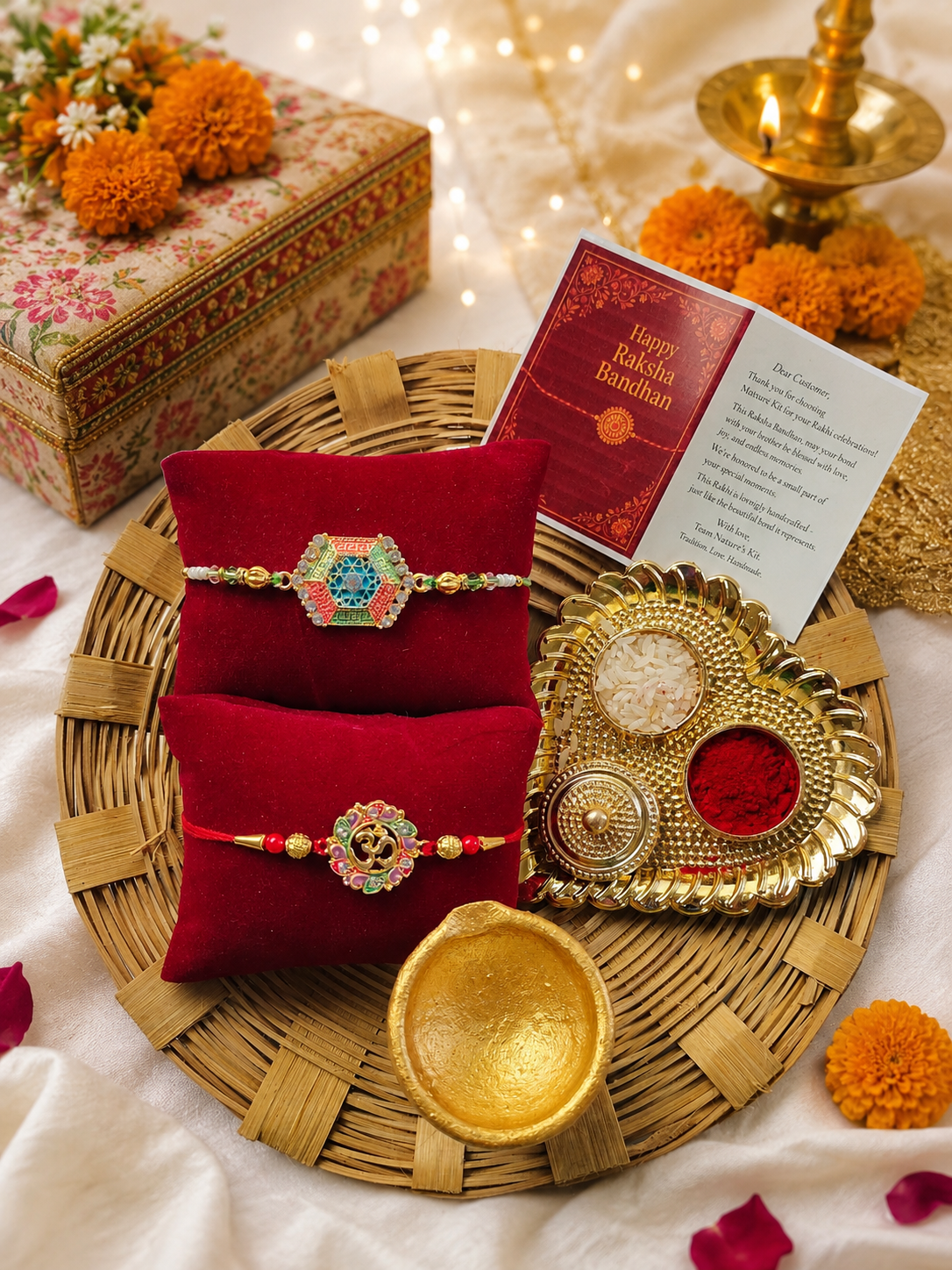 Designer Rakhi Thali Hamper with 2 Premium Rakhis, Pooja Thali, Roli Chawal & Diya | Raksha Bandhan Gift Set for Brother | Hopedra Living